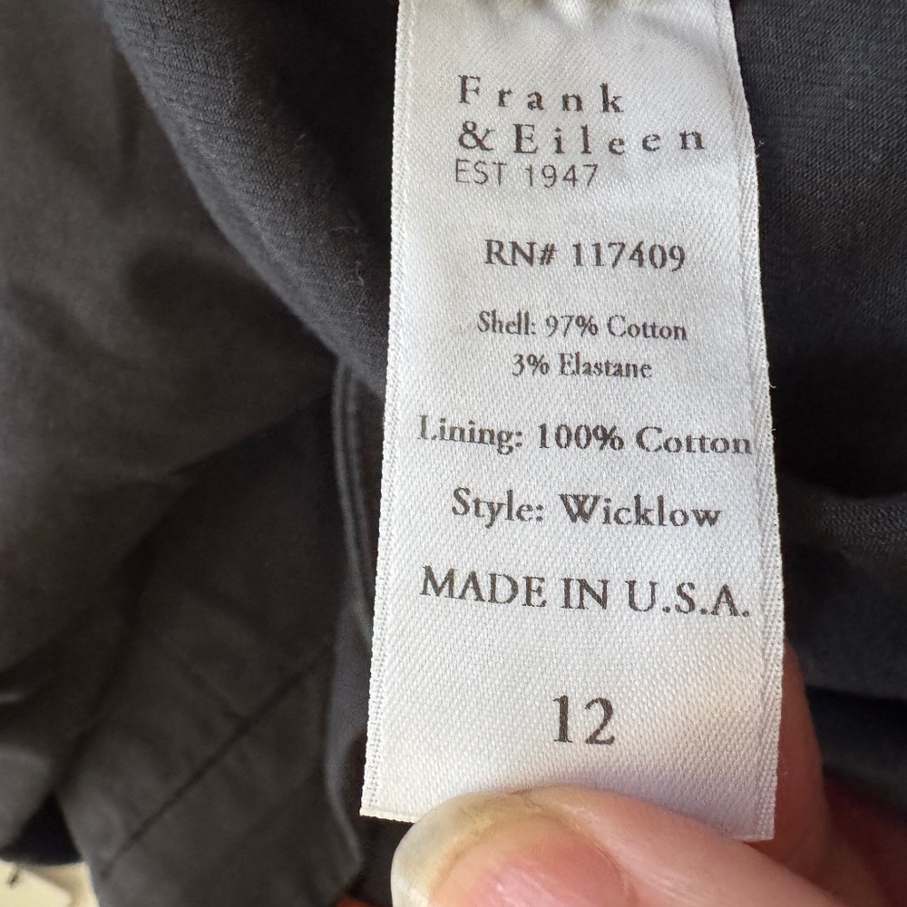 NEW Frank & Eileen Wicklow Italian Performance Twill Chino Pants Black NWOT 12 - Picture 4 of 5
